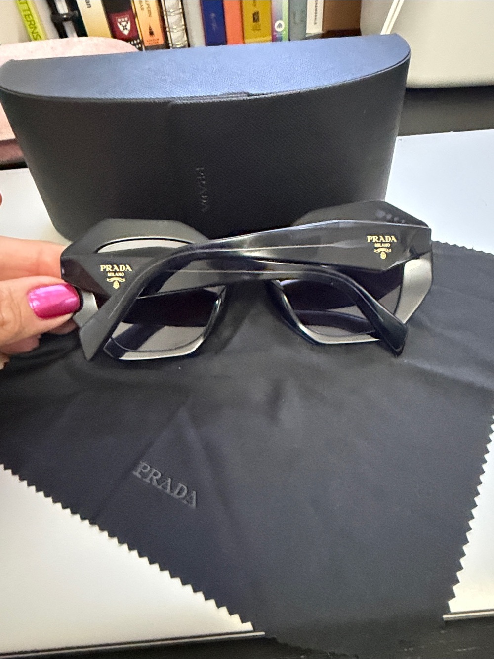 Prada Dark Blue Sunglasses with Gold Logo Accent - Picture 11 of 12